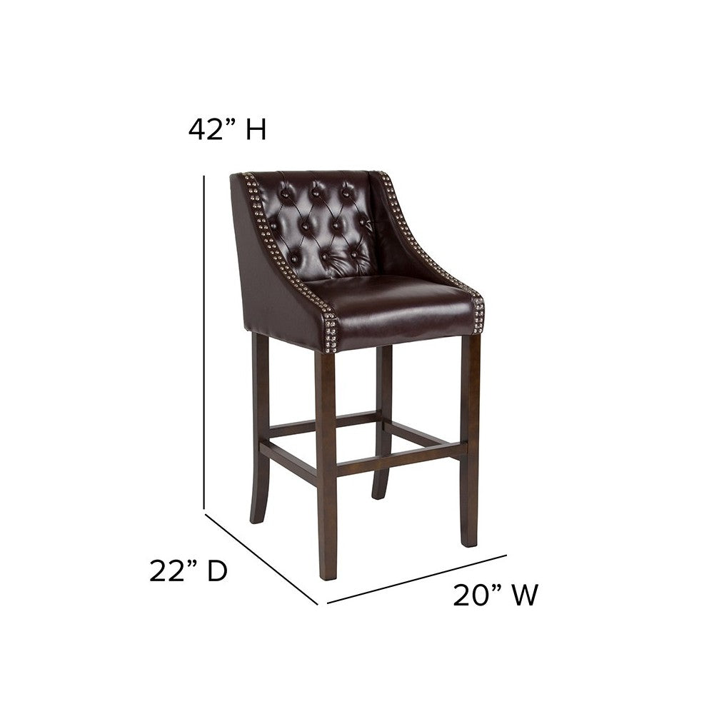 Carmel Series 30" High Transitional Tufted Walnut Barstool with Accent Nail Trim in Brown LeatherSoft