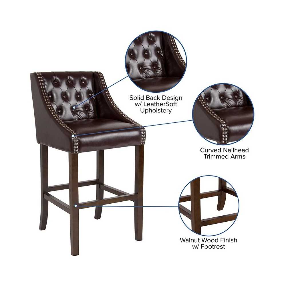 Carmel Series 30" High Transitional Tufted Walnut Barstool with Accent Nail Trim in Brown LeatherSoft
