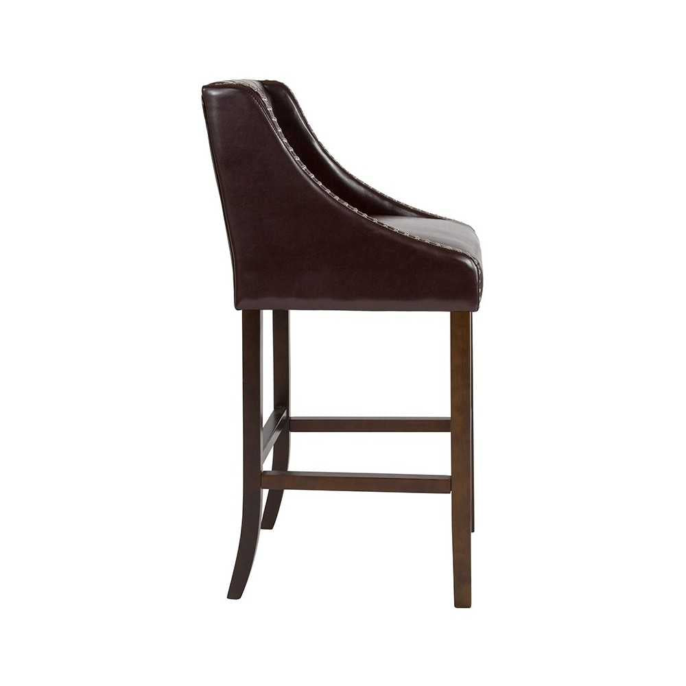 Carmel Series 30" High Transitional Tufted Walnut Barstool with Accent Nail Trim in Brown LeatherSoft