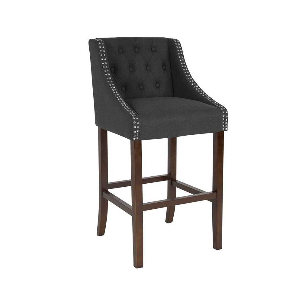 Carmel Series 30" High Transitional Tufted Walnut Barstool with Accent Nail Trim in Charcoal Fabric