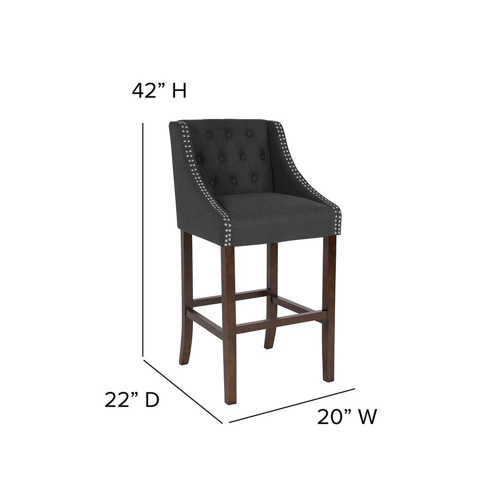 Carmel Series 30" High Transitional Tufted Walnut Barstool with Accent Nail Trim in Charcoal Fabric