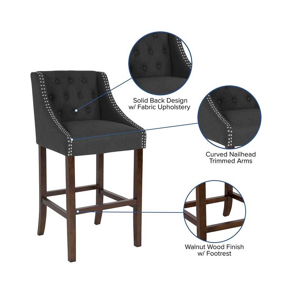 Carmel Series 30" High Transitional Tufted Walnut Barstool with Accent Nail Trim in Charcoal Fabric