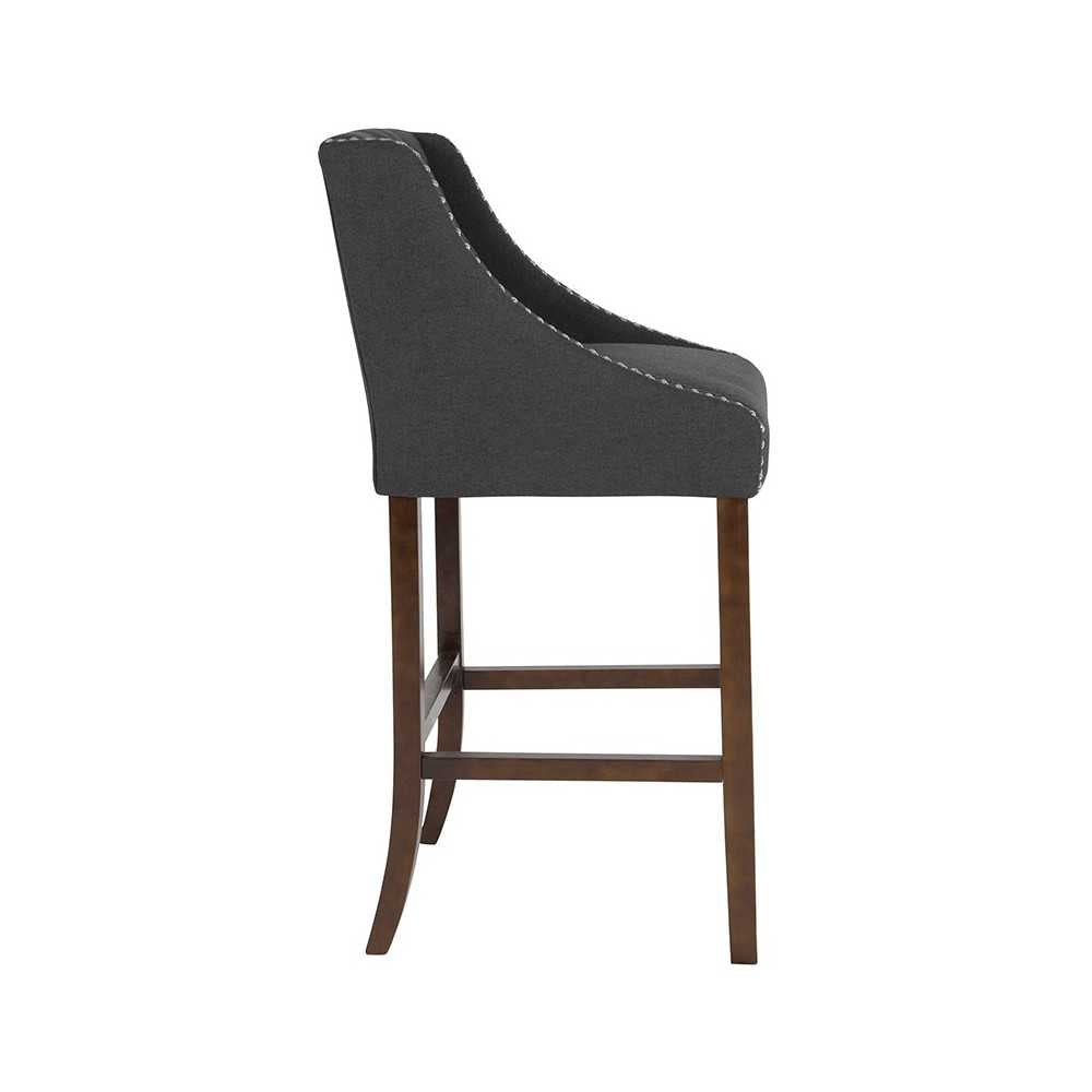 Carmel Series 30" High Transitional Tufted Walnut Barstool with Accent Nail Trim in Charcoal Fabric