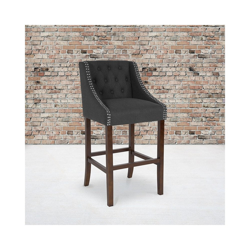 Carmel Series 30" High Transitional Tufted Walnut Barstool with Accent Nail Trim in Charcoal Fabric