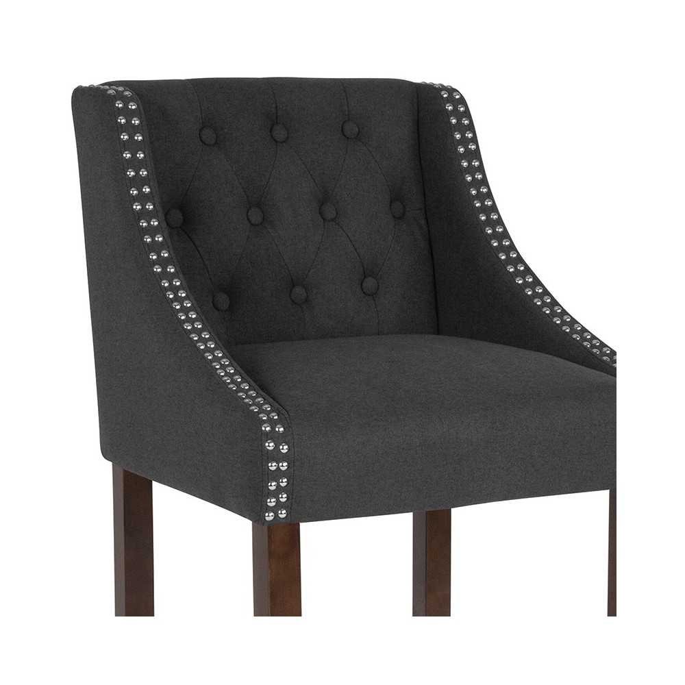 Carmel Series 30" High Transitional Tufted Walnut Barstool with Accent Nail Trim in Charcoal Fabric