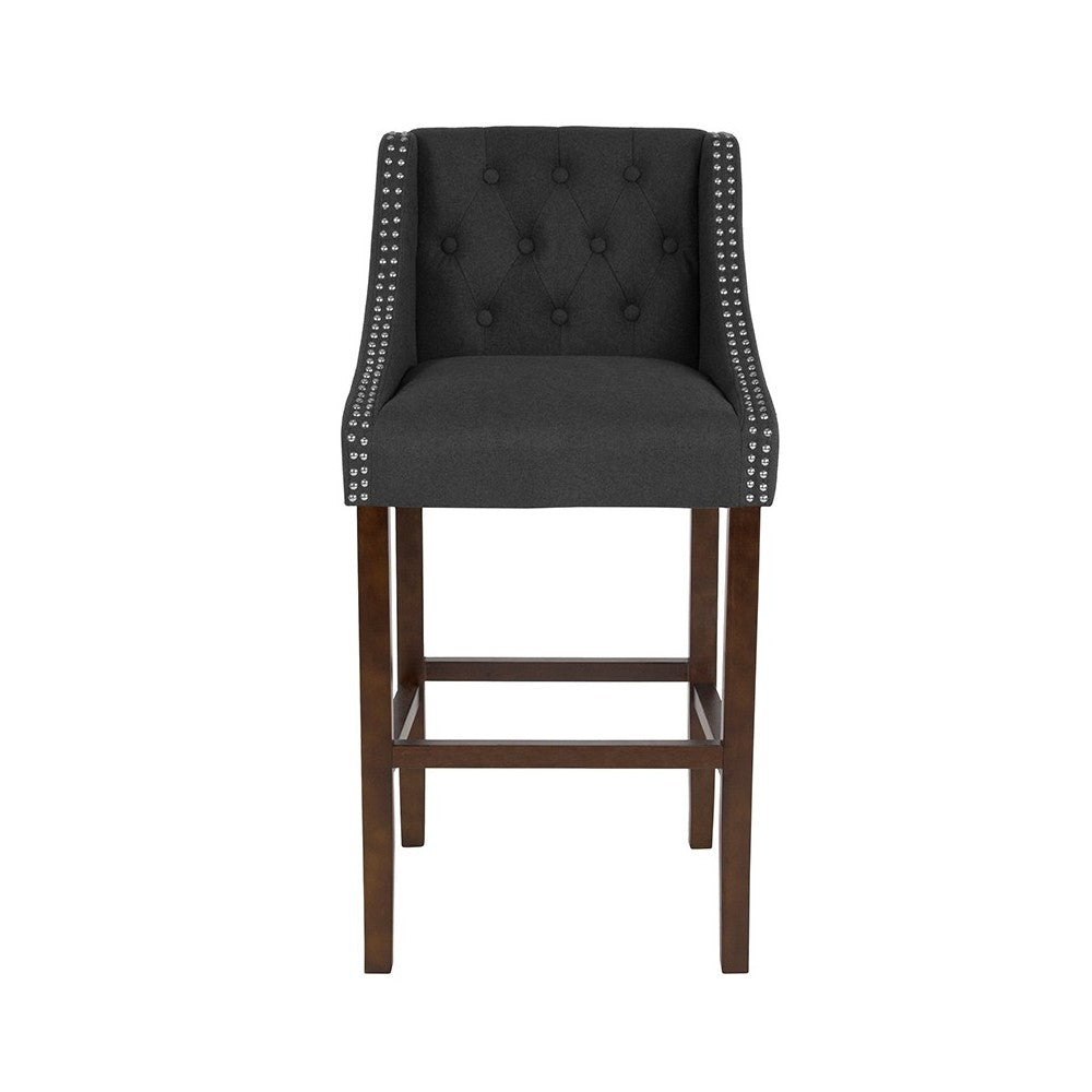 Carmel Series 30" High Transitional Tufted Walnut Barstool with Accent Nail Trim in Charcoal Fabric