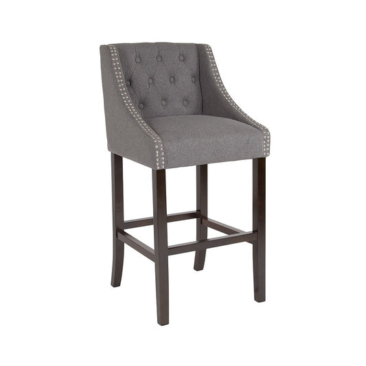 Carmel Series 30" High Transitional Tufted Walnut Barstool with Accent Nail Trim in Dark Gray Fabric