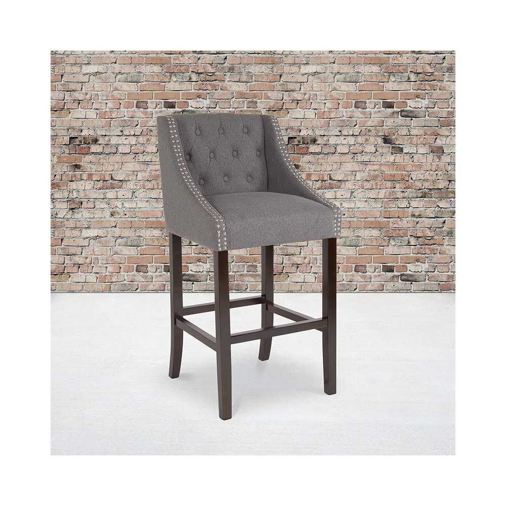 Carmel Series 30" High Transitional Tufted Walnut Barstool with Accent Nail Trim in Dark Gray Fabric