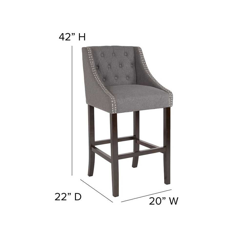 Carmel Series 30" High Transitional Tufted Walnut Barstool with Accent Nail Trim in Dark Gray Fabric