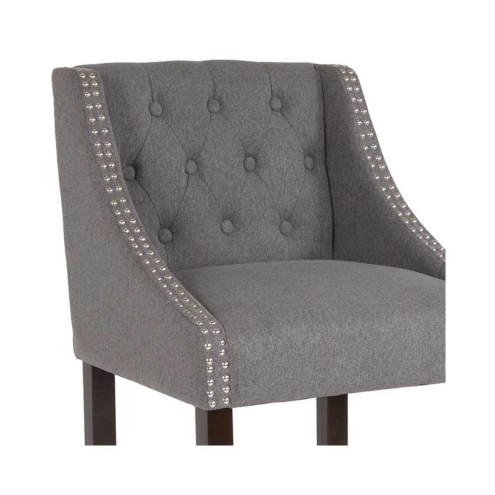 Carmel Series 30" High Transitional Tufted Walnut Barstool with Accent Nail Trim in Dark Gray Fabric