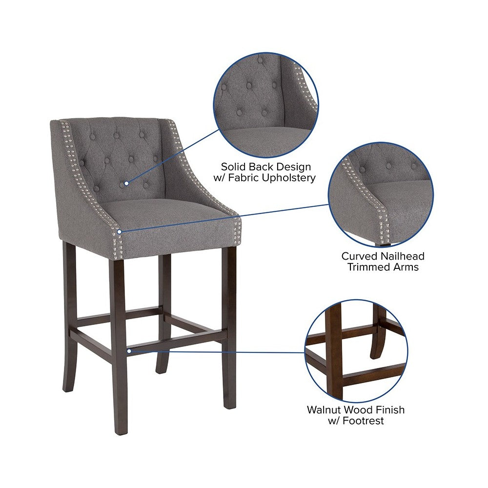 Carmel Series 30" High Transitional Tufted Walnut Barstool with Accent Nail Trim in Dark Gray Fabric