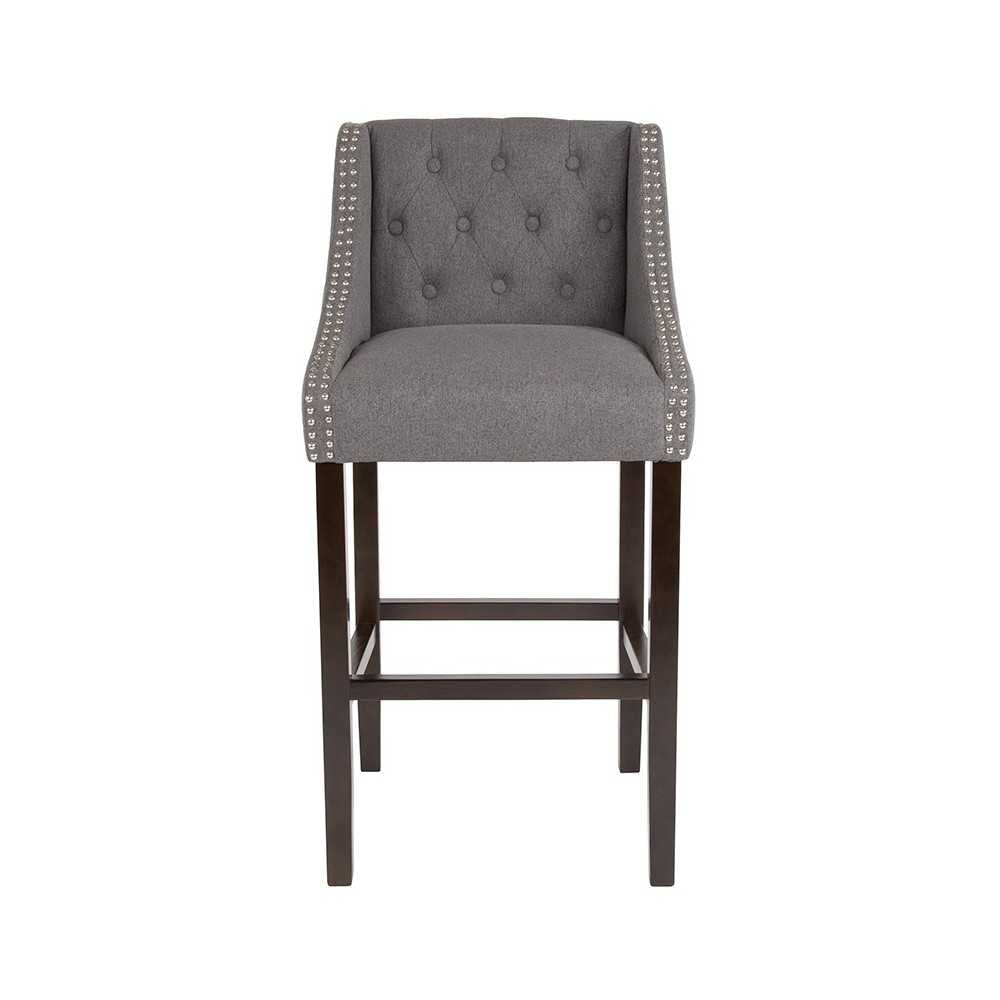 Carmel Series 30" High Transitional Tufted Walnut Barstool with Accent Nail Trim in Dark Gray Fabric