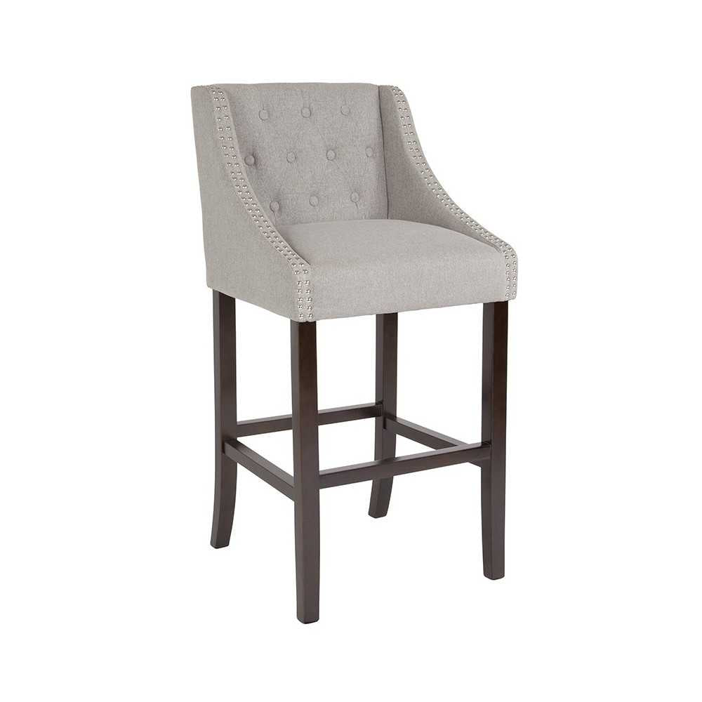 Carmel Series 30" High Transitional Tufted Walnut Barstool with Accent Nail Trim in Light Gray Fabric