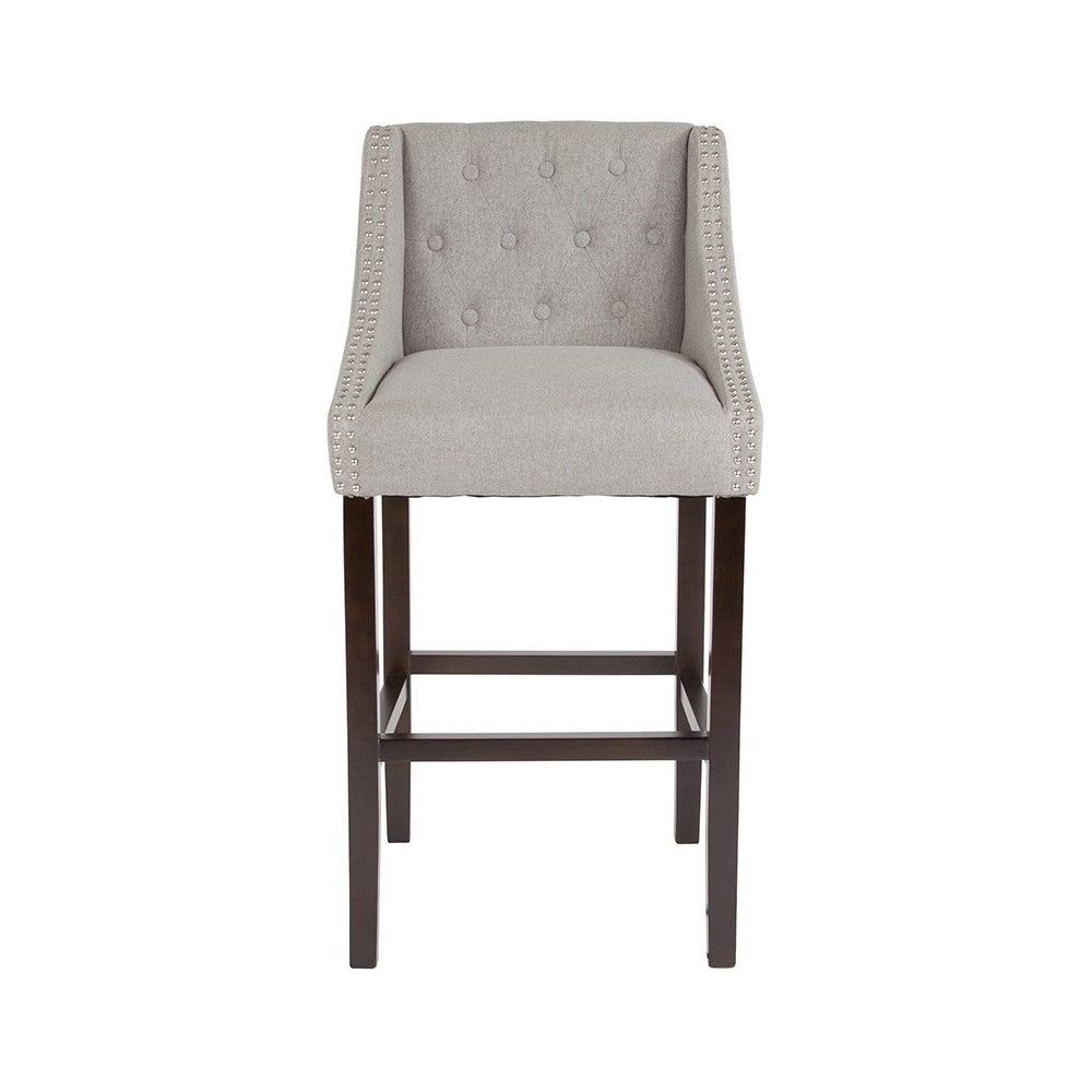 Carmel Series 30" High Transitional Tufted Walnut Barstool with Accent Nail Trim in Light Gray Fabric