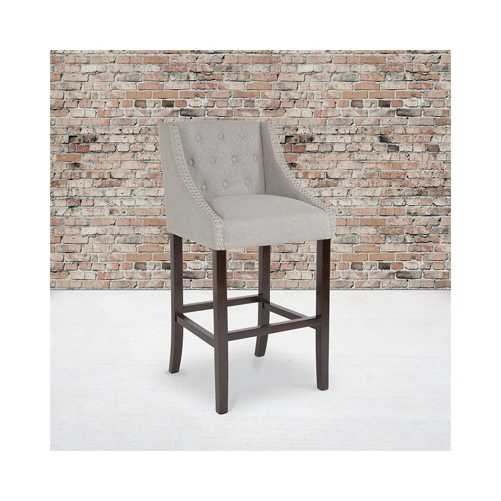 Carmel Series 30" High Transitional Tufted Walnut Barstool with Accent Nail Trim in Light Gray Fabric