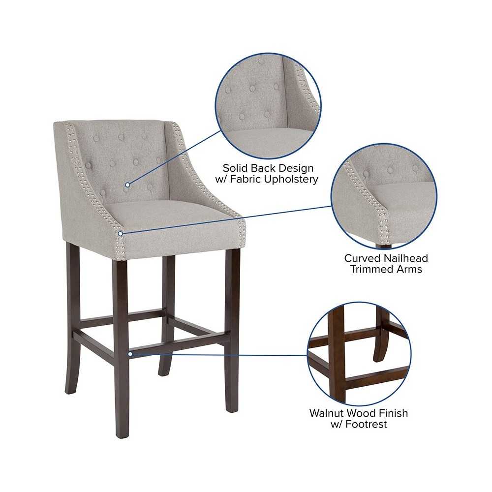 Carmel Series 30" High Transitional Tufted Walnut Barstool with Accent Nail Trim in Light Gray Fabric