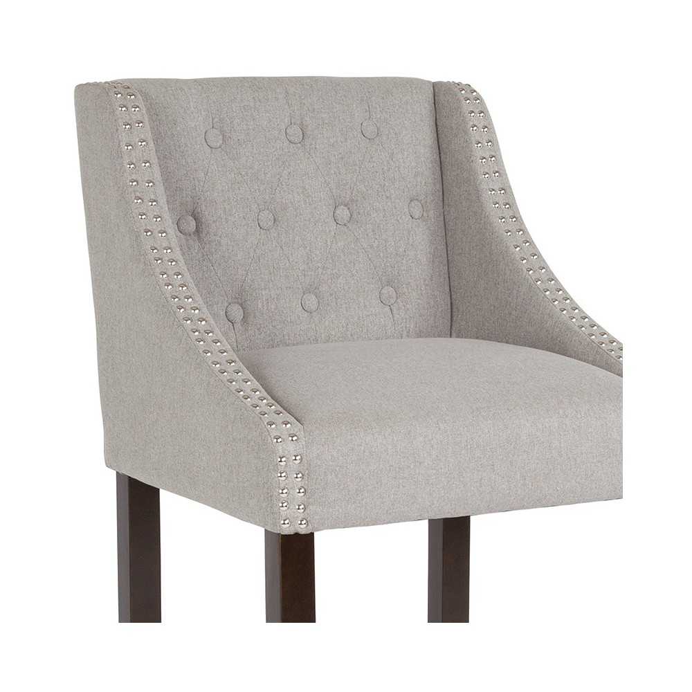 Carmel Series 30" High Transitional Tufted Walnut Barstool with Accent Nail Trim in Light Gray Fabric