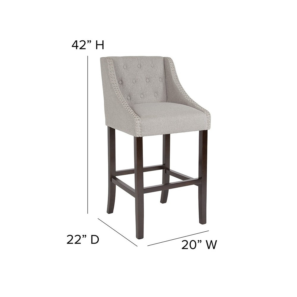 Carmel Series 30" High Transitional Tufted Walnut Barstool with Accent Nail Trim in Light Gray Fabric