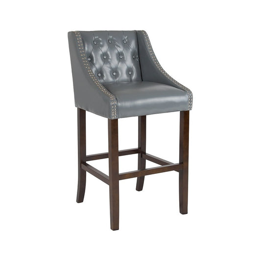 Carmel Series 30" High Transitional Tufted Walnut Barstool with Accent Nail Trim in Light Gray LeatherSoft