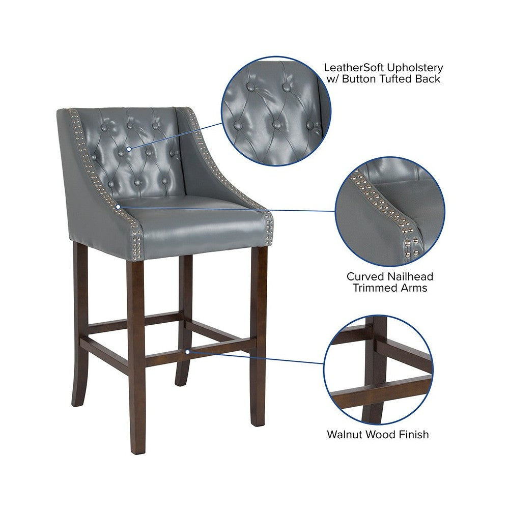 Carmel Series 30" High Transitional Tufted Walnut Barstool with Accent Nail Trim in Light Gray LeatherSoft