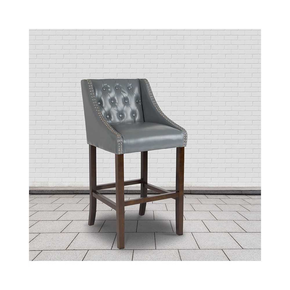 Carmel Series 30" High Transitional Tufted Walnut Barstool with Accent Nail Trim in Light Gray LeatherSoft