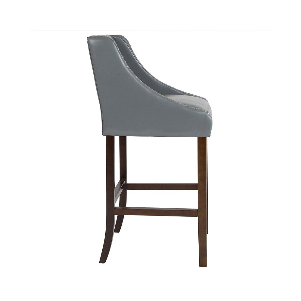 Carmel Series 30" High Transitional Tufted Walnut Barstool with Accent Nail Trim in Light Gray LeatherSoft