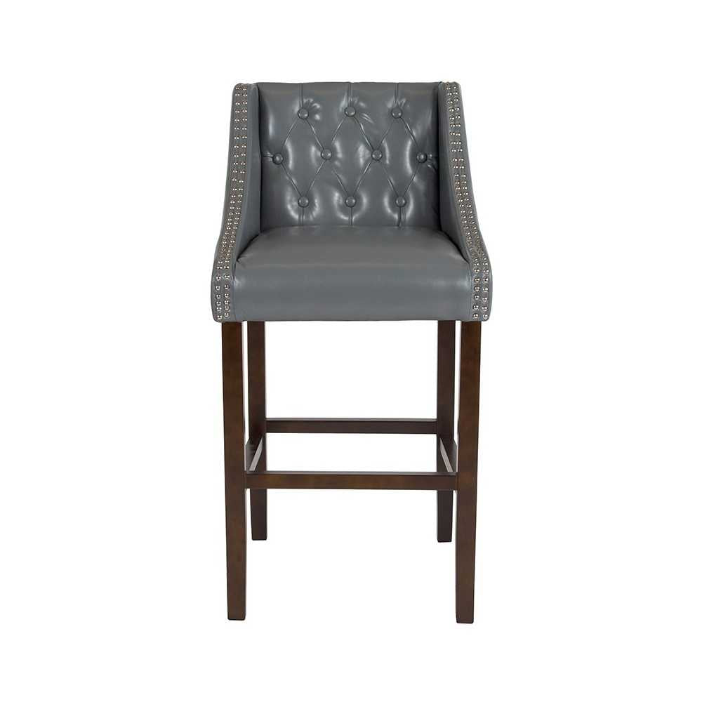 Carmel Series 30" High Transitional Tufted Walnut Barstool with Accent Nail Trim in Light Gray LeatherSoft