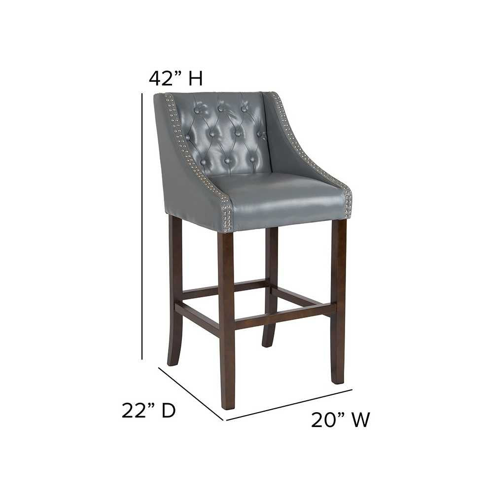 Carmel Series 30" High Transitional Tufted Walnut Barstool with Accent Nail Trim in Light Gray LeatherSoft