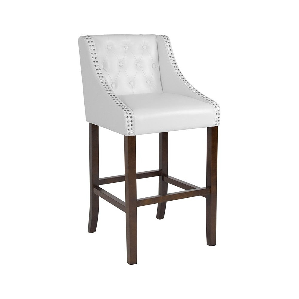 Carmel Series 30" High Transitional Tufted Walnut Barstool with Accent Nail Trim in White LeatherSoft