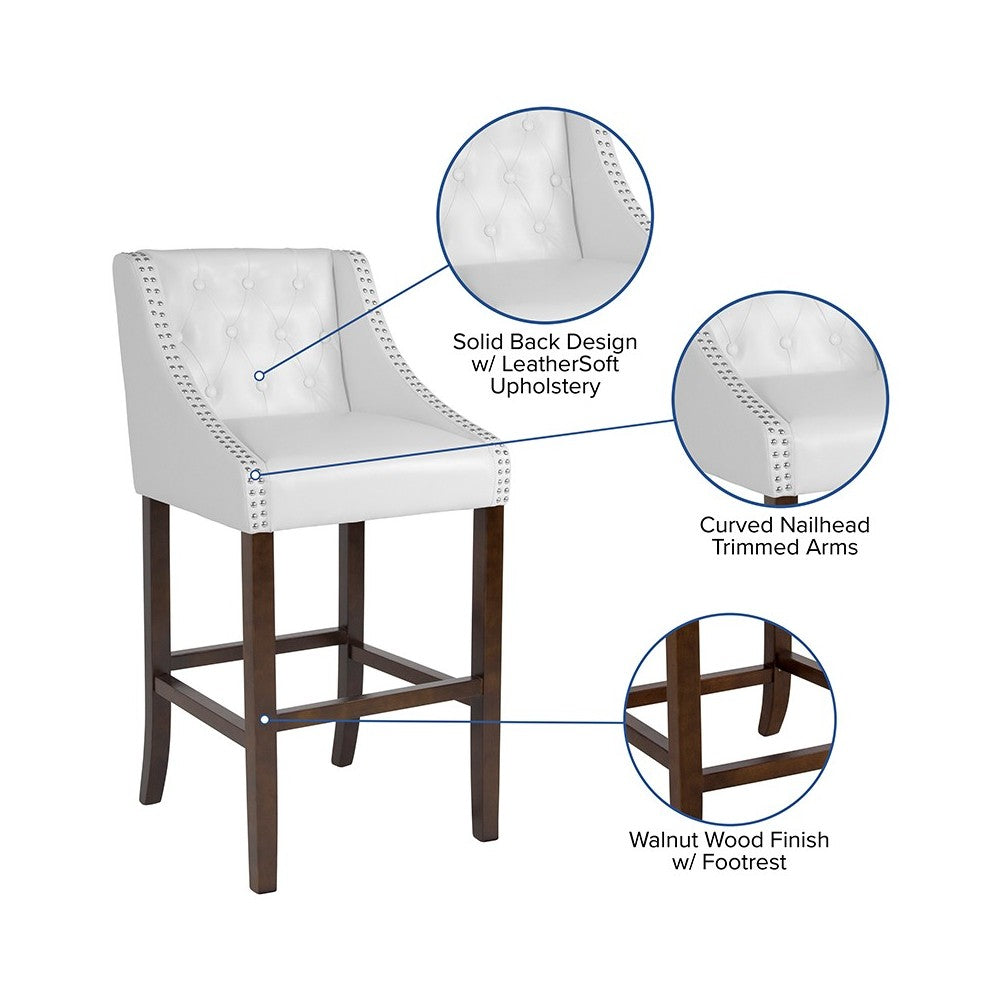 Carmel Series 30" High Transitional Tufted Walnut Barstool with Accent Nail Trim in White LeatherSoft