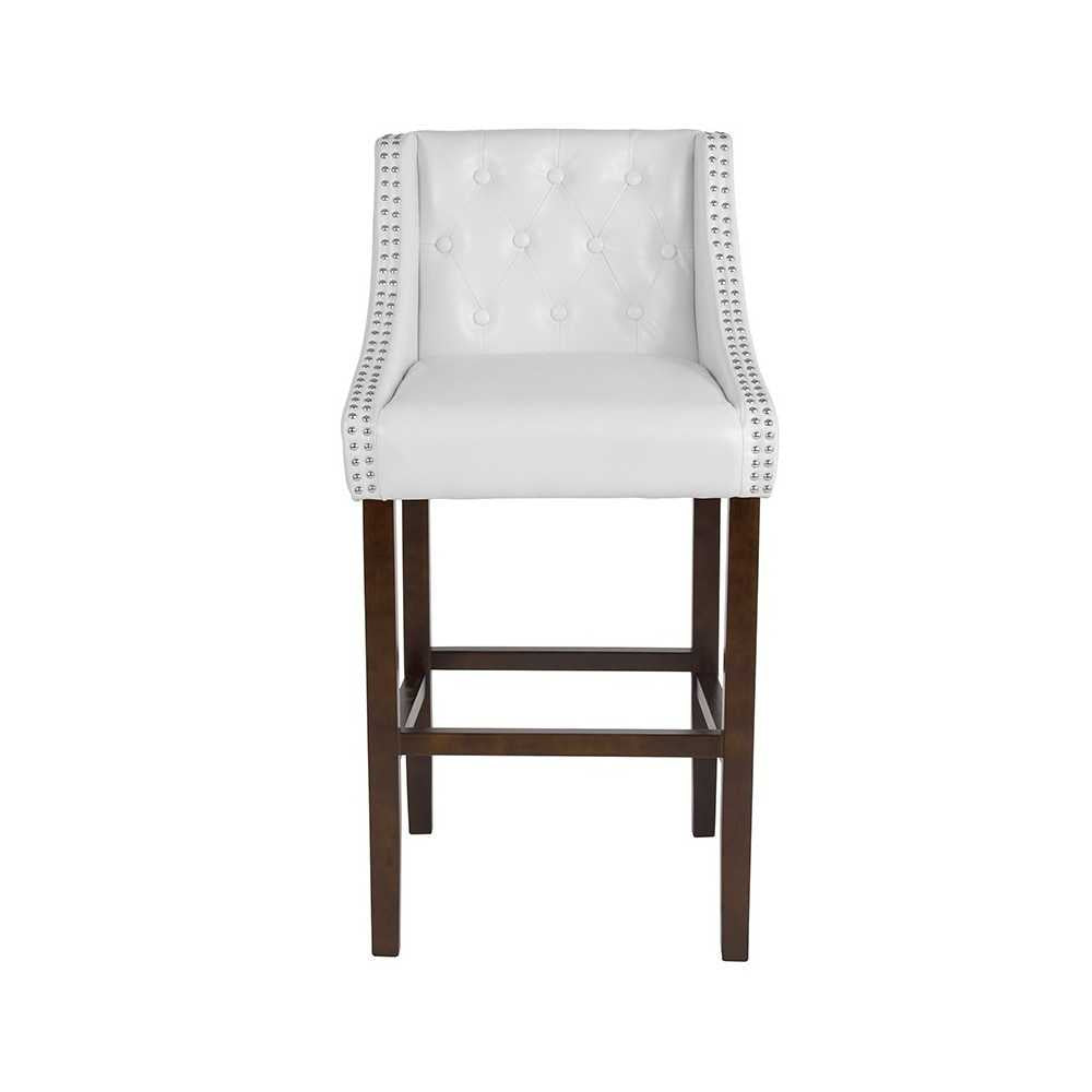 Carmel Series 30" High Transitional Tufted Walnut Barstool with Accent Nail Trim in White LeatherSoft