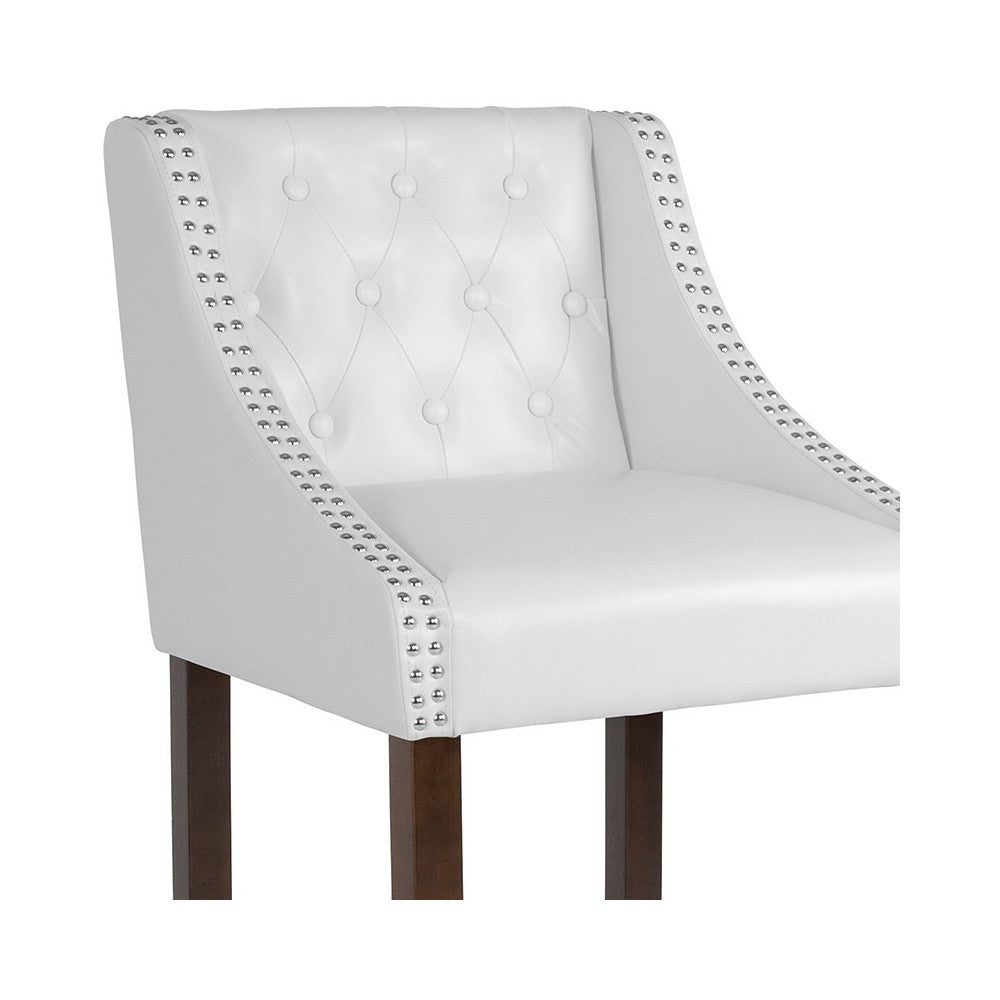 Carmel Series 30" High Transitional Tufted Walnut Barstool with Accent Nail Trim in White LeatherSoft