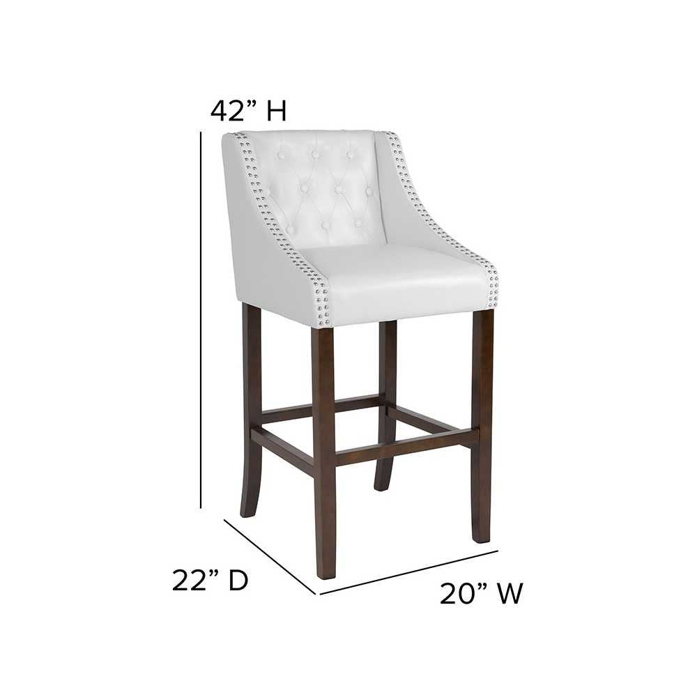 Carmel Series 30" High Transitional Tufted Walnut Barstool with Accent Nail Trim in White LeatherSoft