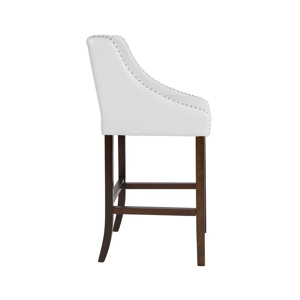 Carmel Series 30" High Transitional Tufted Walnut Barstool with Accent Nail Trim in White LeatherSoft