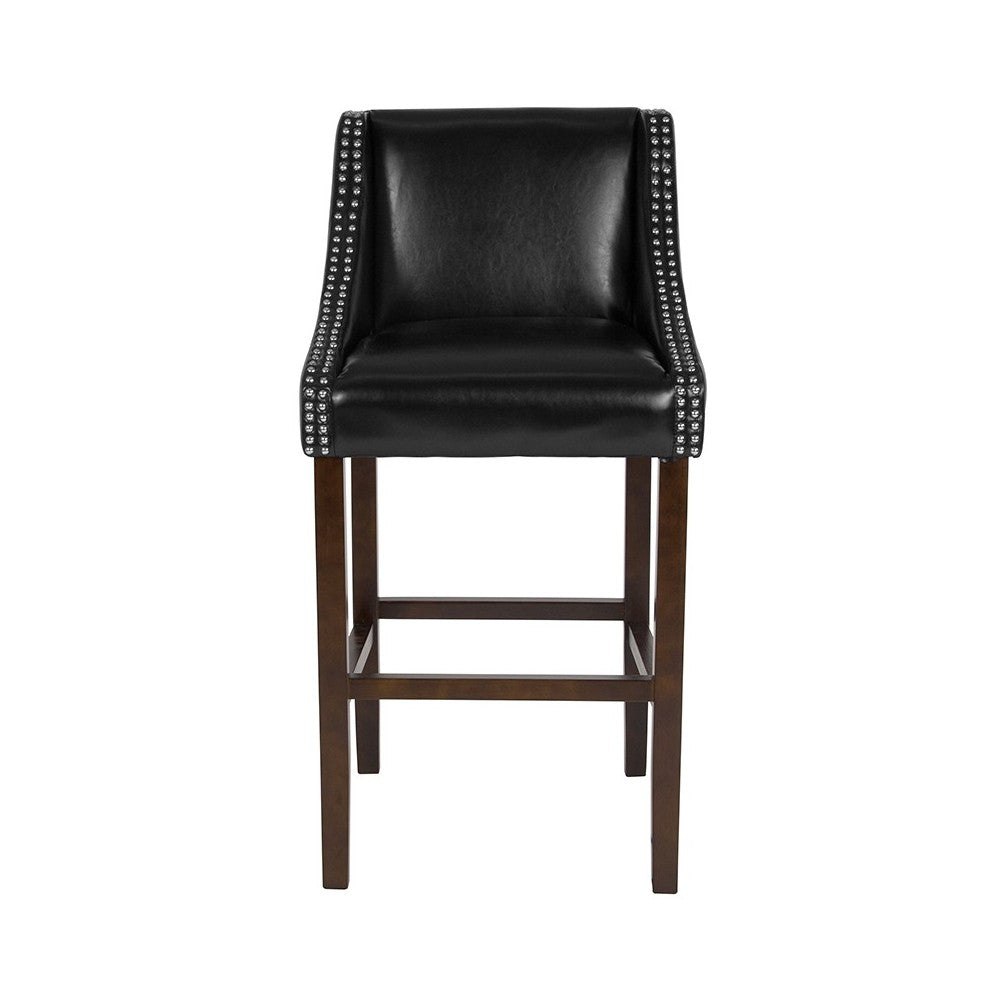 Carmel Series 30" High Transitional Walnut Barstool with Accent Nail Trim in Black LeatherSoft