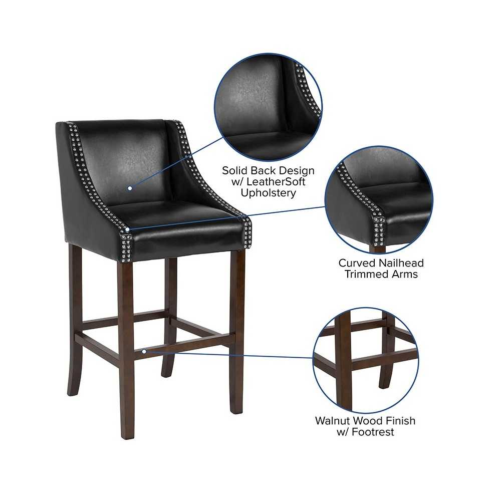 Carmel Series 30" High Transitional Walnut Barstool with Accent Nail Trim in Black LeatherSoft