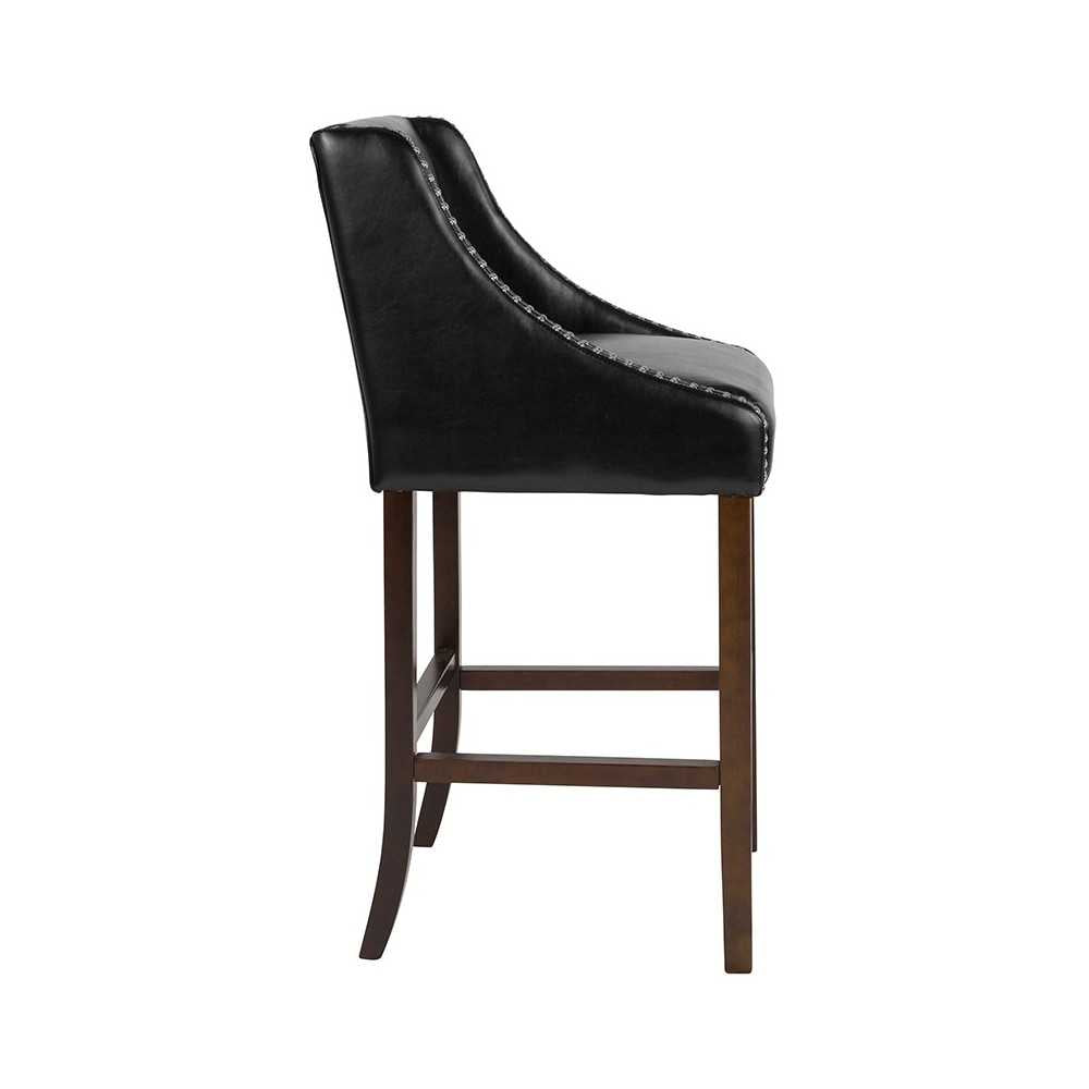 Carmel Series 30" High Transitional Walnut Barstool with Accent Nail Trim in Black LeatherSoft