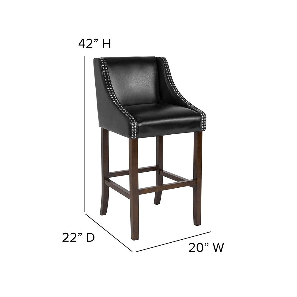 Carmel Series 30" High Transitional Walnut Barstool with Accent Nail Trim in Black LeatherSoft