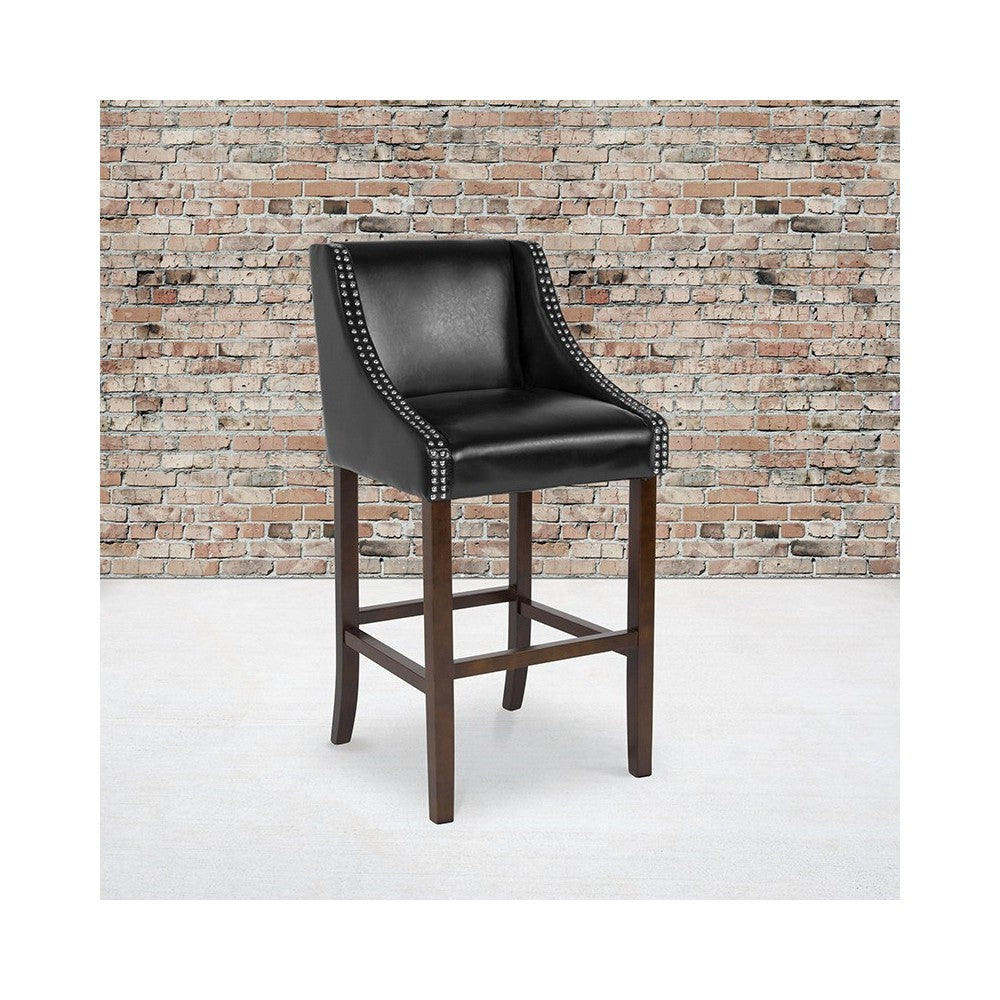 Carmel Series 30" High Transitional Walnut Barstool with Accent Nail Trim in Black LeatherSoft