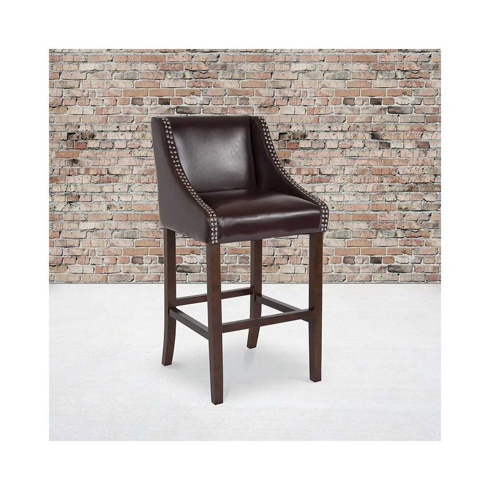 Carmel Series 30" High Transitional Walnut Barstool with Accent Nail Trim in Brown LeatherSoft