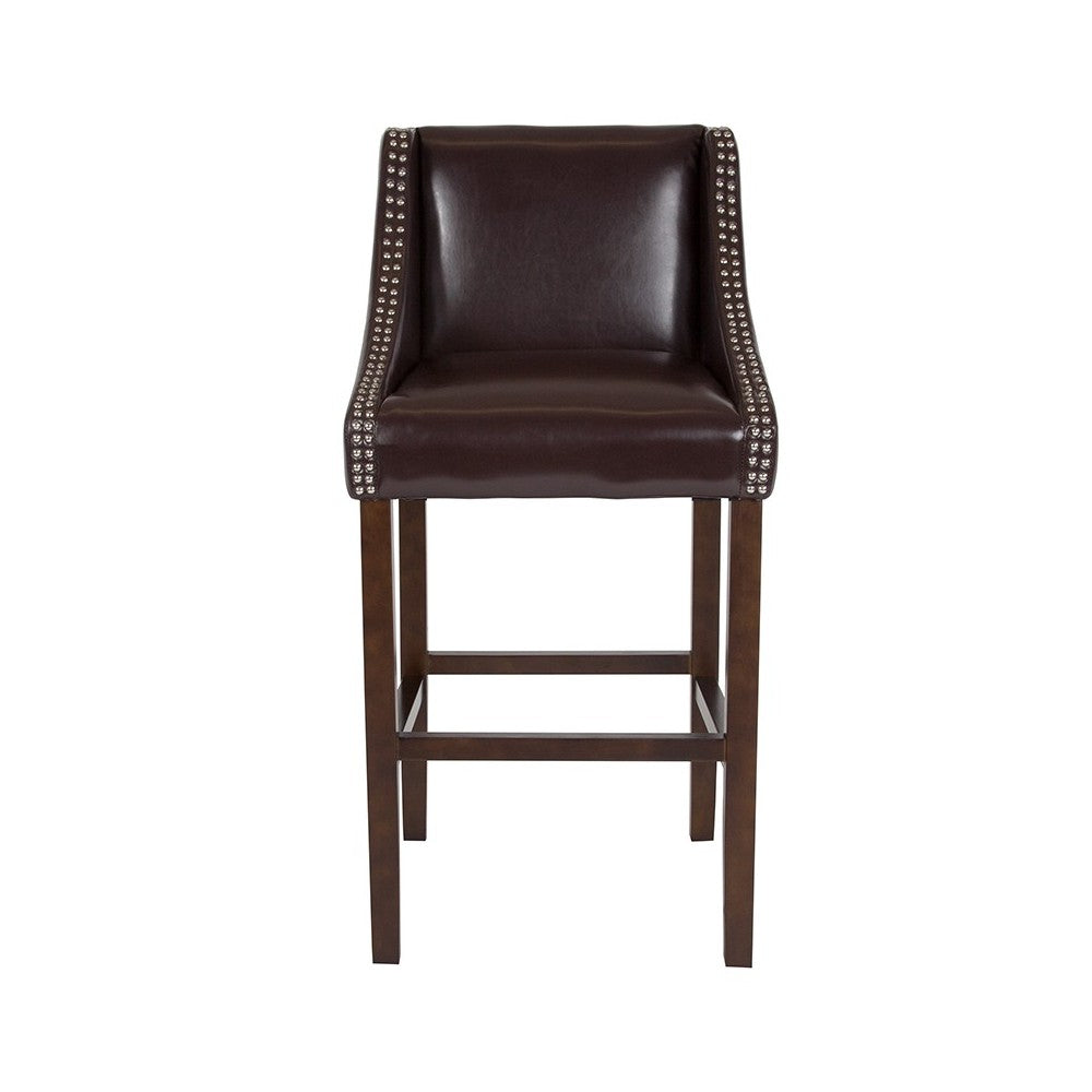 Carmel Series 30" High Transitional Walnut Barstool with Accent Nail Trim in Brown LeatherSoft