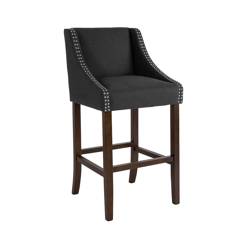 Carmel Series 30" High Transitional Walnut Barstool with Accent Nail Trim in Charcoal Fabric