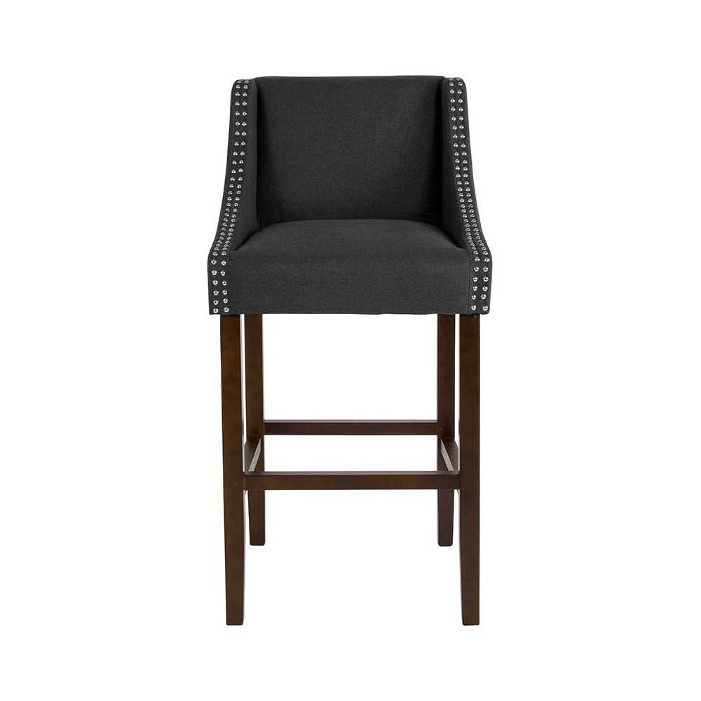 Carmel Series 30" High Transitional Walnut Barstool with Accent Nail Trim in Charcoal Fabric