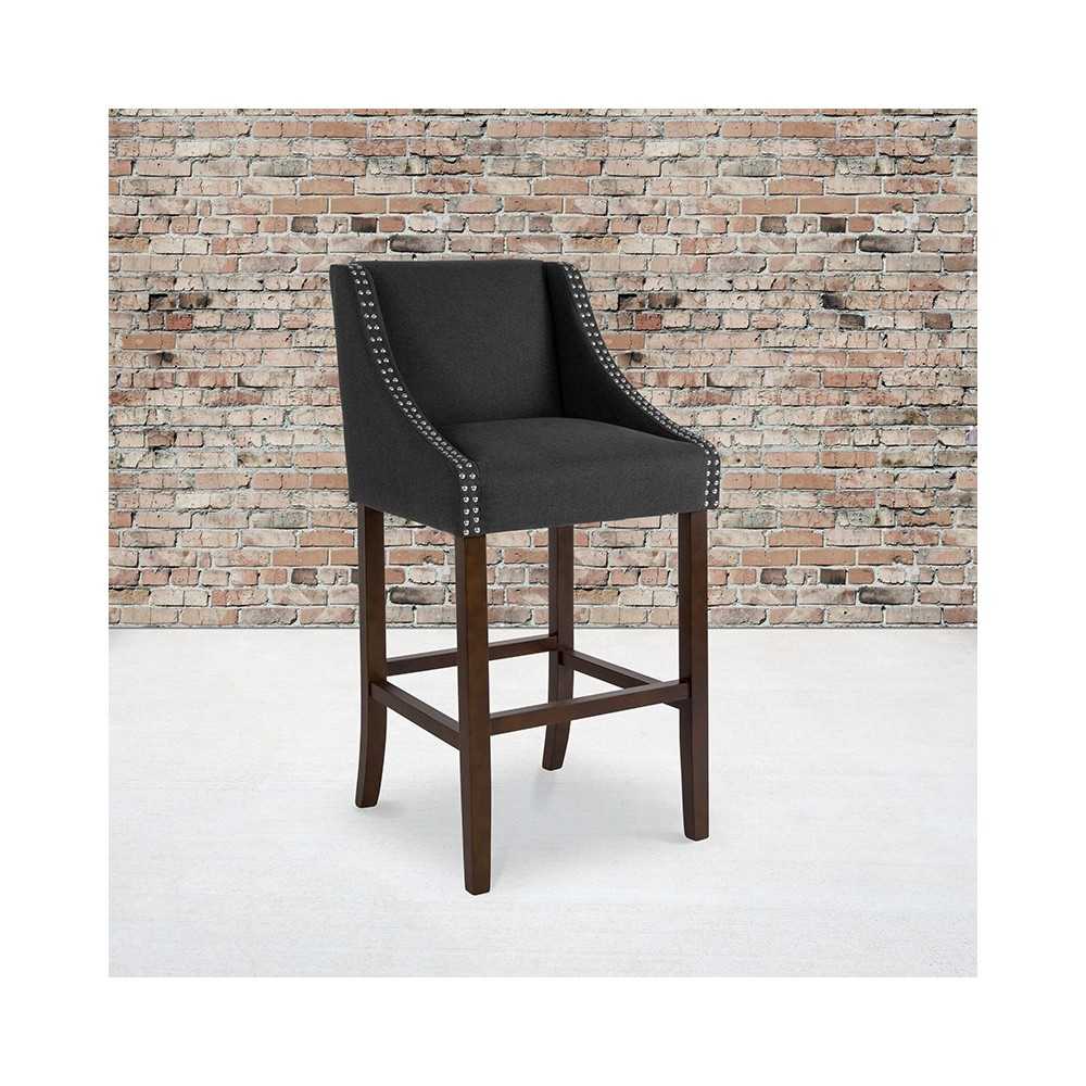 Carmel Series 30" High Transitional Walnut Barstool with Accent Nail Trim in Charcoal Fabric