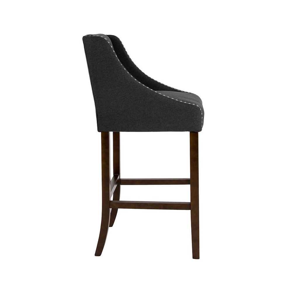 Carmel Series 30" High Transitional Walnut Barstool with Accent Nail Trim in Charcoal Fabric