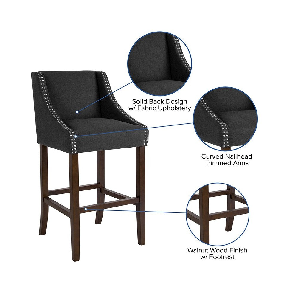 Carmel Series 30" High Transitional Walnut Barstool with Accent Nail Trim in Charcoal Fabric