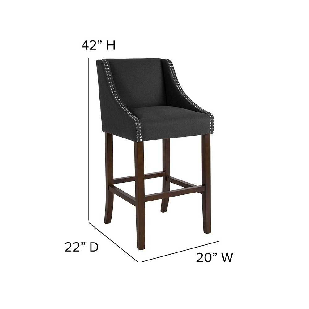 Carmel Series 30" High Transitional Walnut Barstool with Accent Nail Trim in Charcoal Fabric