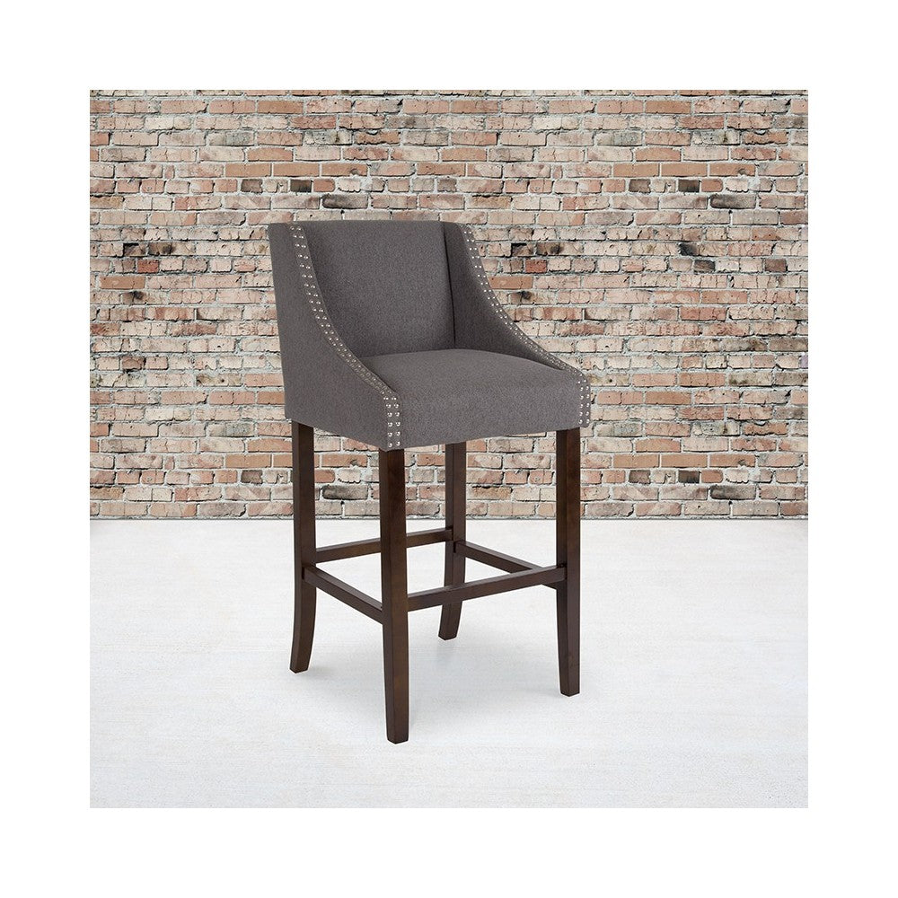 Carmel Series 30" High Transitional Walnut Barstool with Accent Nail Trim in Dark Gray Fabric