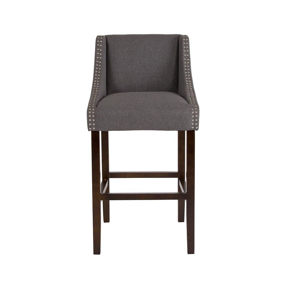 Carmel Series 30" High Transitional Walnut Barstool with Accent Nail Trim in Dark Gray Fabric