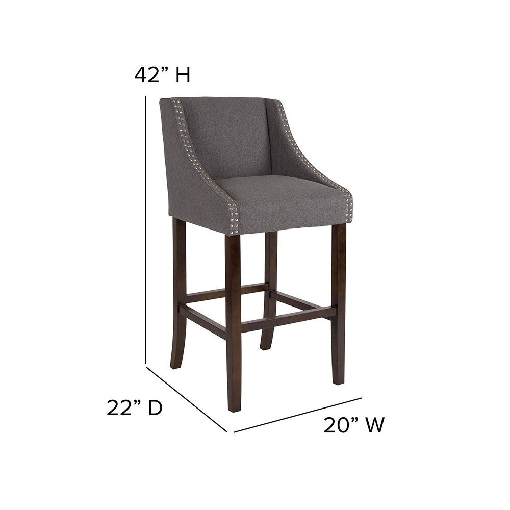 Carmel Series 30" High Transitional Walnut Barstool with Accent Nail Trim in Dark Gray Fabric